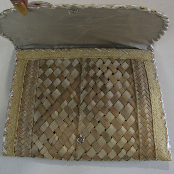 Vintage Raffia Straw And Shell Boho Clutch Handbag Summer Beach Envelope Bag - Picture 4 of 7